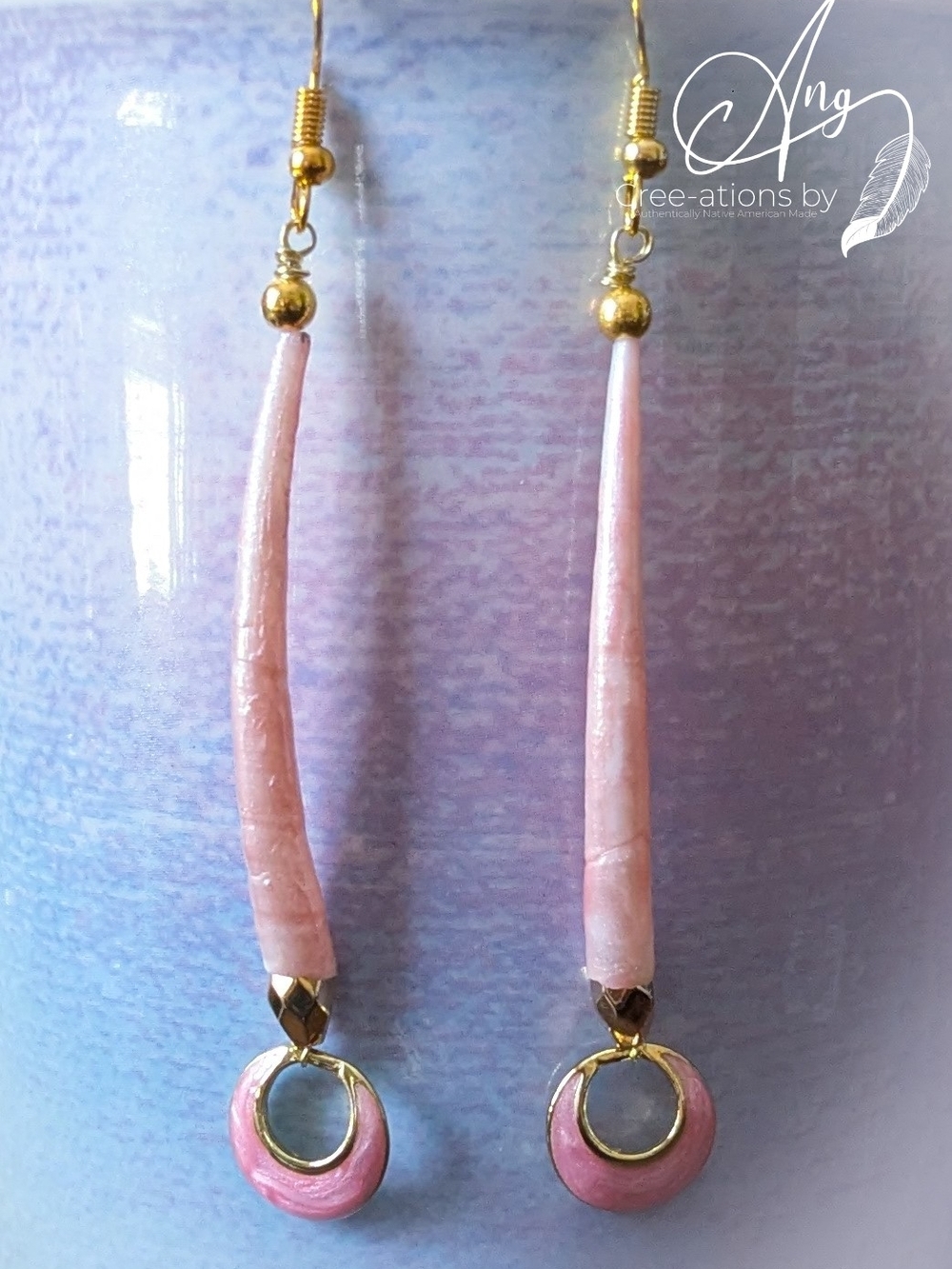 Indigenous Gold & Pink Shimmery Dentalium Shell Drop Earrings
